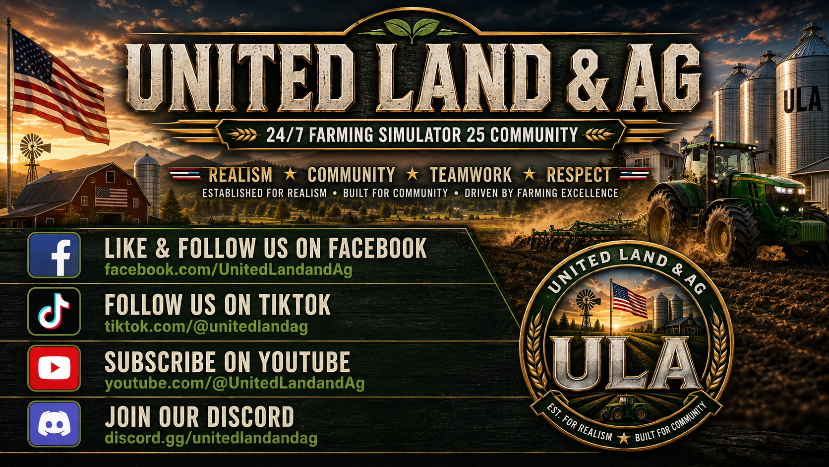 Promotional image for United Land & Agriculture, featuring a farm scene with a tractor, barn, silos, American flag, and mountains at sunset. Includes social media follow and subscription information.