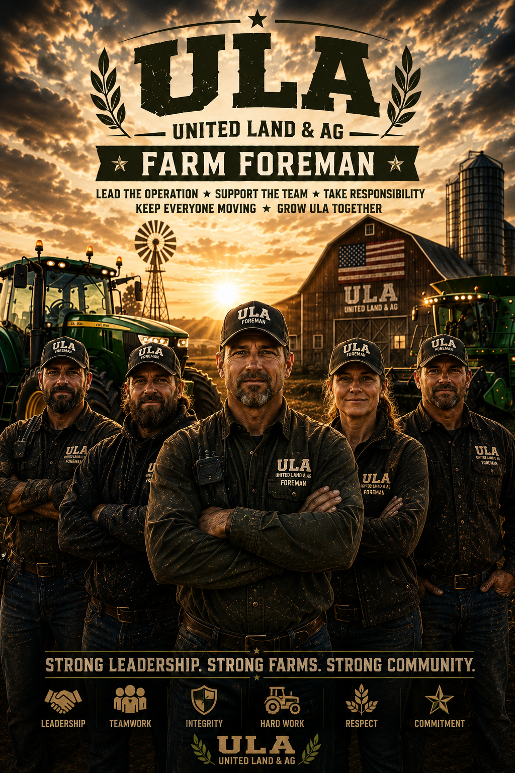A group of five farm workers in black ULA branded clothing and caps, standing with arms crossed in front of tractors and a barn with American flag and ULA sign at sunset, promoting ULA United Land & Ag's farming values.
