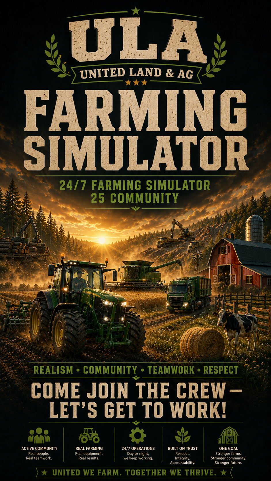 Poster advertisement for ULA Farming Simulator. Features a farm scene at sunrise with tractors, a barn, cows, trees, and farm equipment. Highlights include 24/7 farming, community, realism, teamwork, and respect.