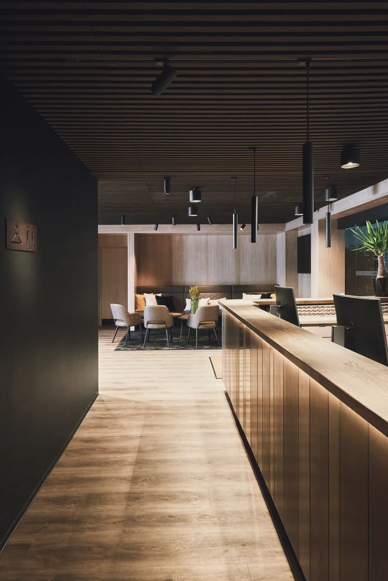 Modern reception area with a wooden countertop, a seating area with beige chairs and a black cushioned bench, decorative plants, a flat-screen TV, and stylish black ceiling lights. by LIK Lighting