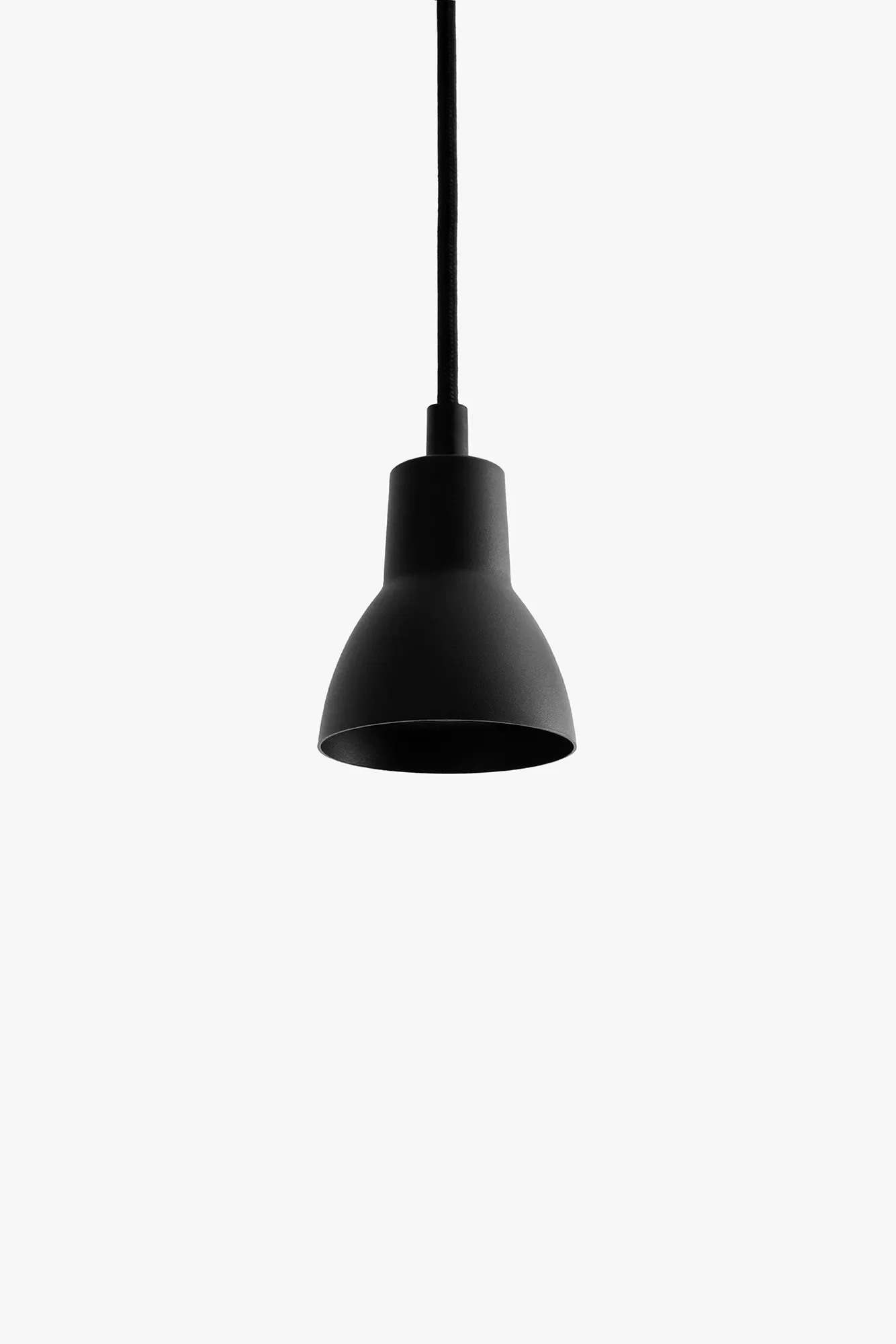 Black pendant lamp by LIK Lighting hanging from the ceiling against a plain white background.
