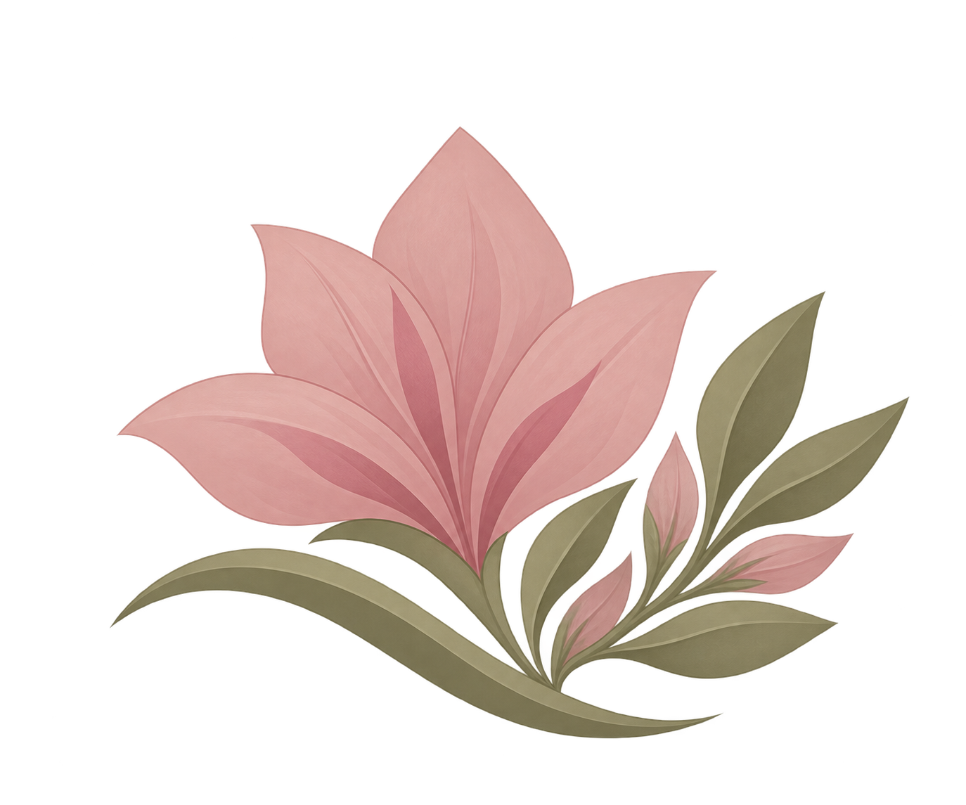 Stylized pink flower with multiple petals and green leaves.