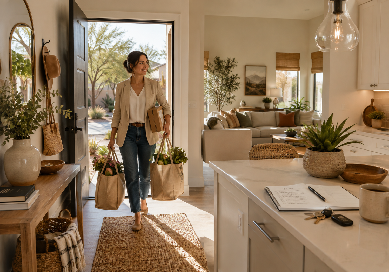 A woman entering her home with shopping bags and a package, smiling, as sunlight streams inside a cozy living room with beige and brown decor.