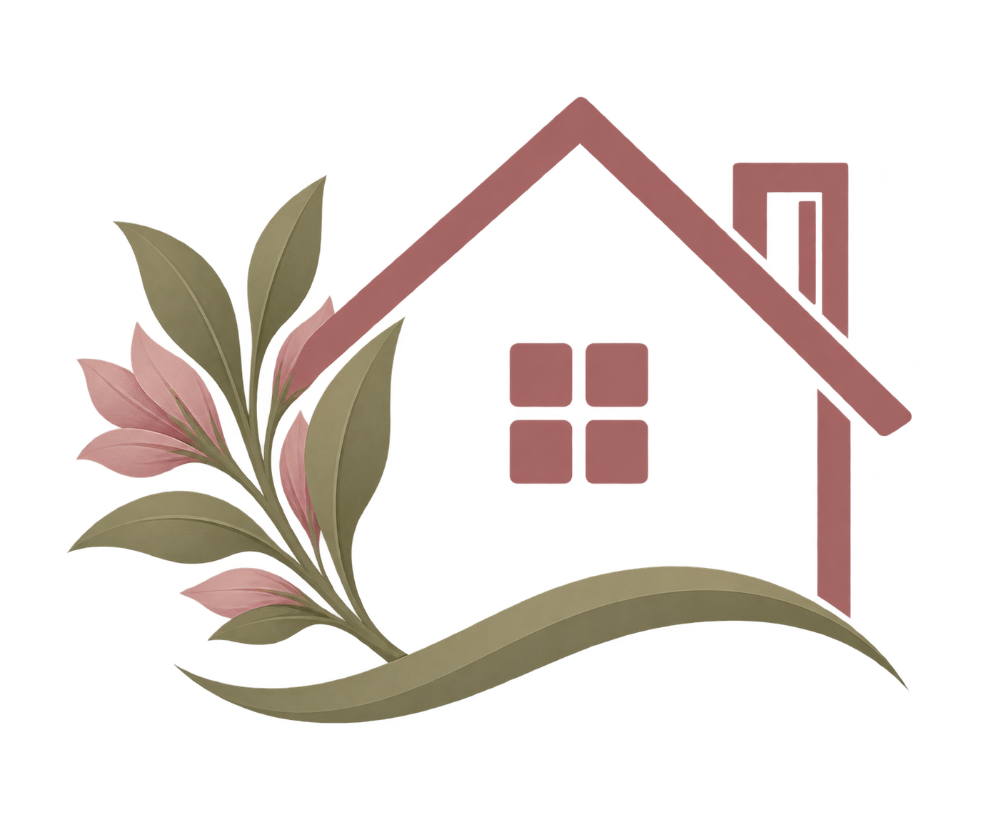 A decorative logo featuring a stylized red house with a brown roof, a window, and a chimney, complemented by a pink and green leafy branch on the left side.
