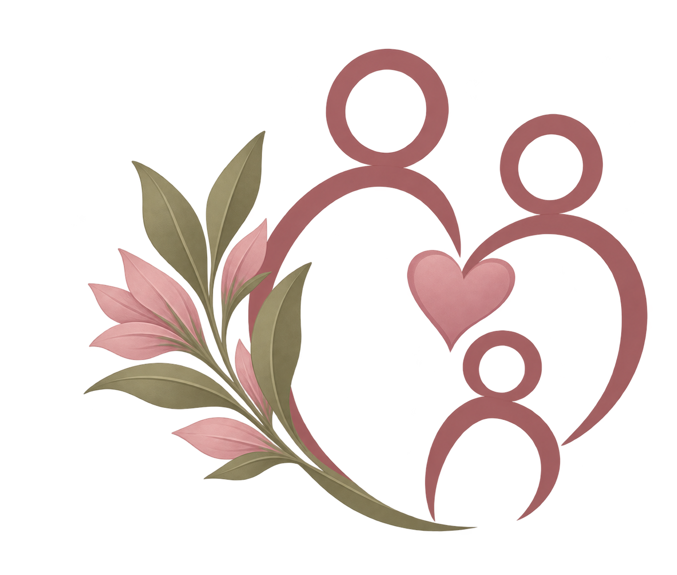 Decorative wall hanging with three abstract human figures inside a heart outline, adorned with pink and green floral elements.