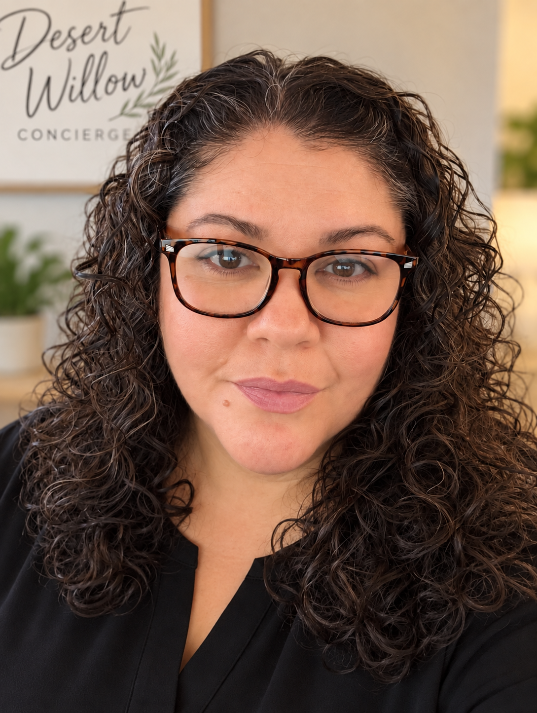 Close-up of a woman with curly brown hair and glasses, smiling slightly, in an indoor setting with a sign that reads 'Desert Willow Concierge' in the background.