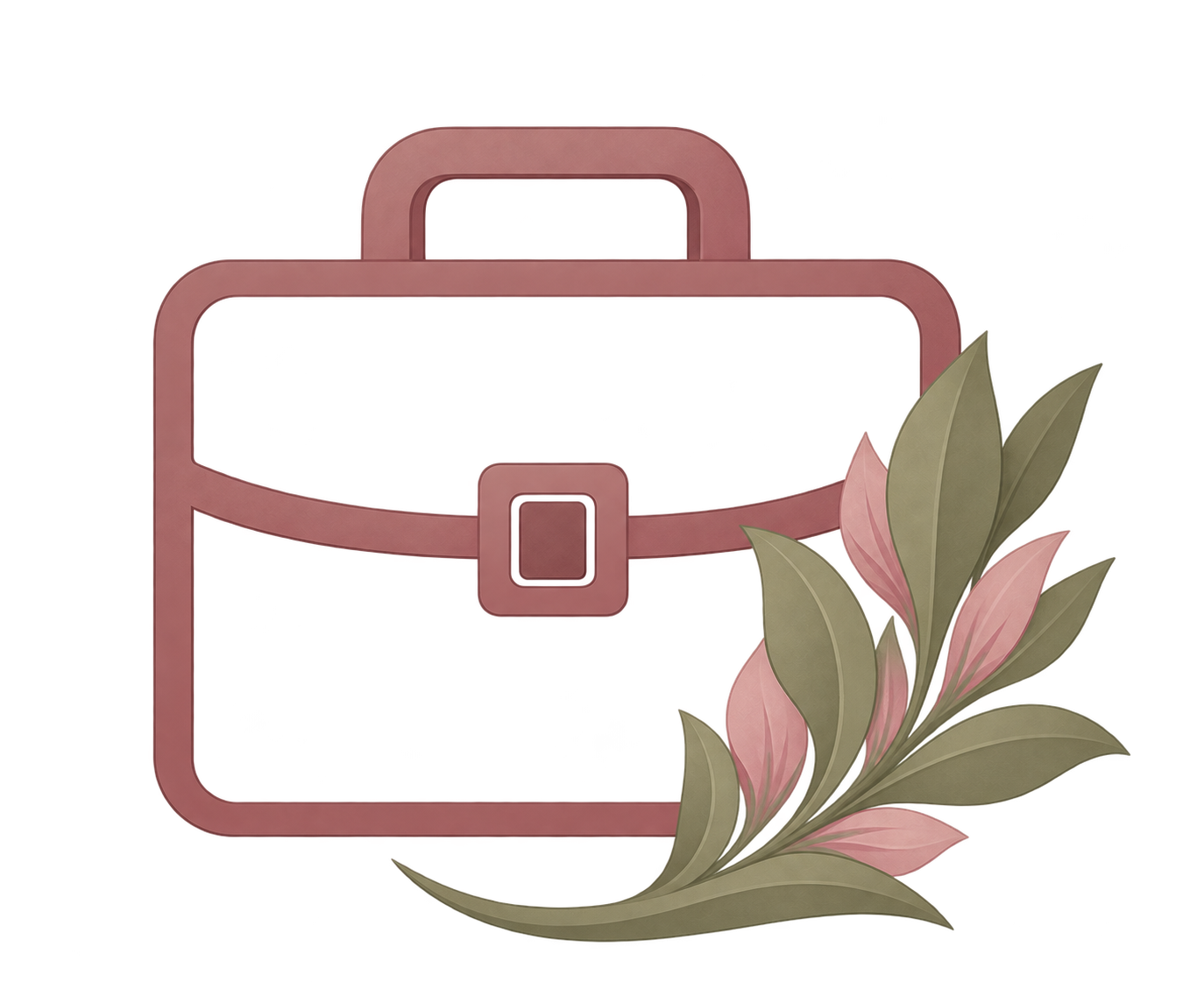 Stylized handbag outline with a pinkish-brown color and a buckle detail, decorated with a bouquet of pink and green leaves in the lower right corner.