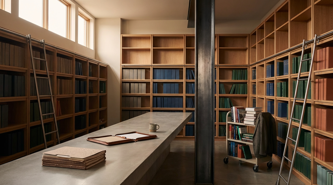 Empty library or archive room with wooden bookshelves filled with multicolored binders, ladders on both sides, a long table with an open book, a stack of papers, a mug, and a small cart with books and a coat in a well-lit room.