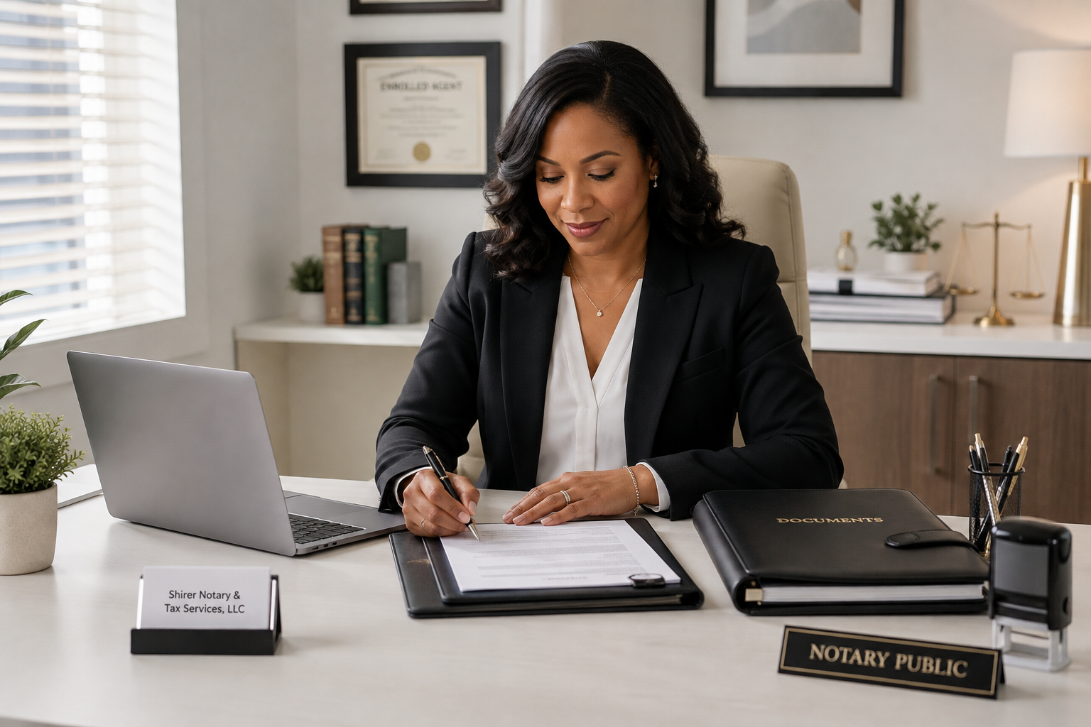 A woman dressed in a black blazer sitting at a desk with a laptop, signing a document, in an office with legal and professional decor.