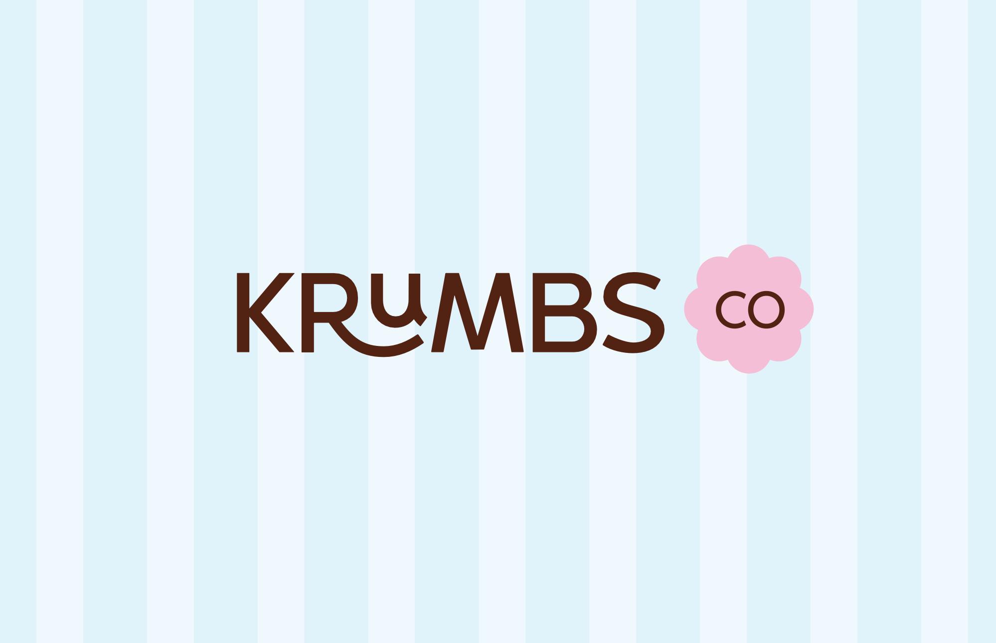 Logo for Krumbs Co featuring the text 'KRUMBS CO' in large brown letters and a pink flower shape with the word 'co' inside, on a light blue striped background.