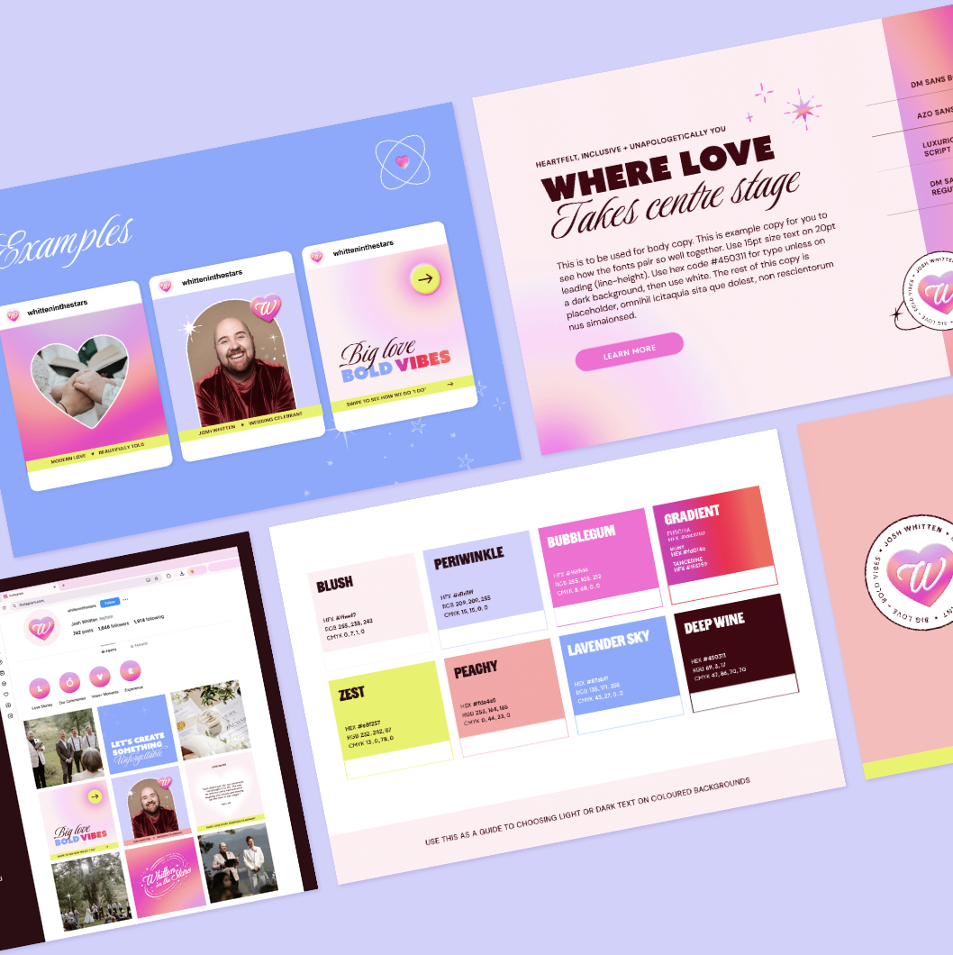 A collection of pastel-colored graphic design templates for a social media campaign, including examples of posts, color palette guides, and promotional information for a project called "Where Love Takes Centre Stage."