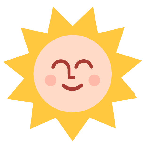 Cute sun with a smiling face, pink cheeks, closed eyes, and a small nose, surrounded by yellow sun rays.