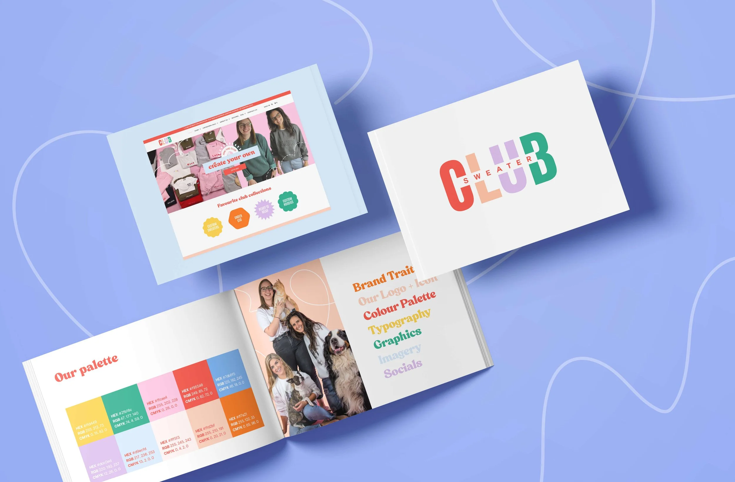 Open magazine pages branding for Sweater Club - featuring colourful design elements, text, and photos of people and dogs, on a blue background with abstract white lines.