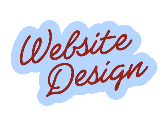 Text read 'Website Design' in a stylized cursive font with a light blue background and a dark outline.