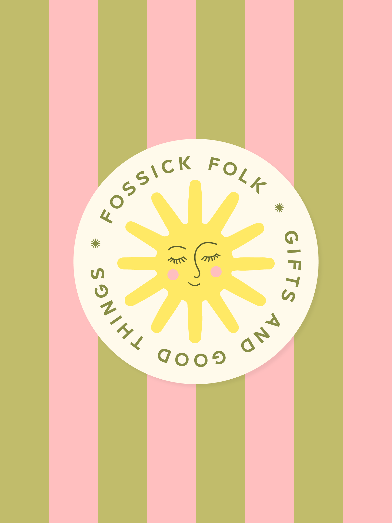 A round logo with a yellow smiling sun that has a moon face, surrounded by the text 'FOSSICK FOLK' repeated twice. The background has vertical pastel stripes pink, green, pink, and green.