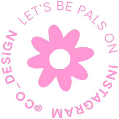 Pink flower with a black background and the text 'Let's be pals on Instagram' @CO_Design curved around it.