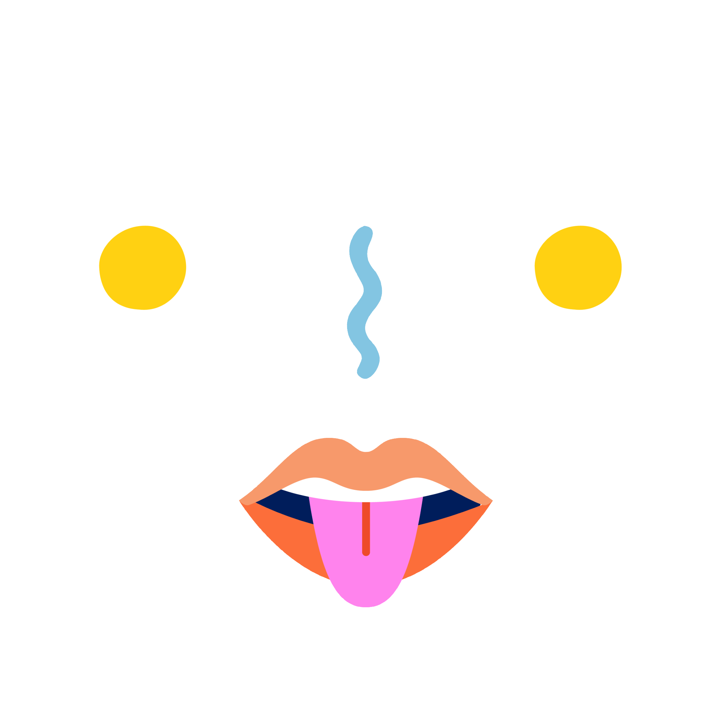 A fun smiling graphic with its pink tongue sticking out and two flower eyes that are spinning