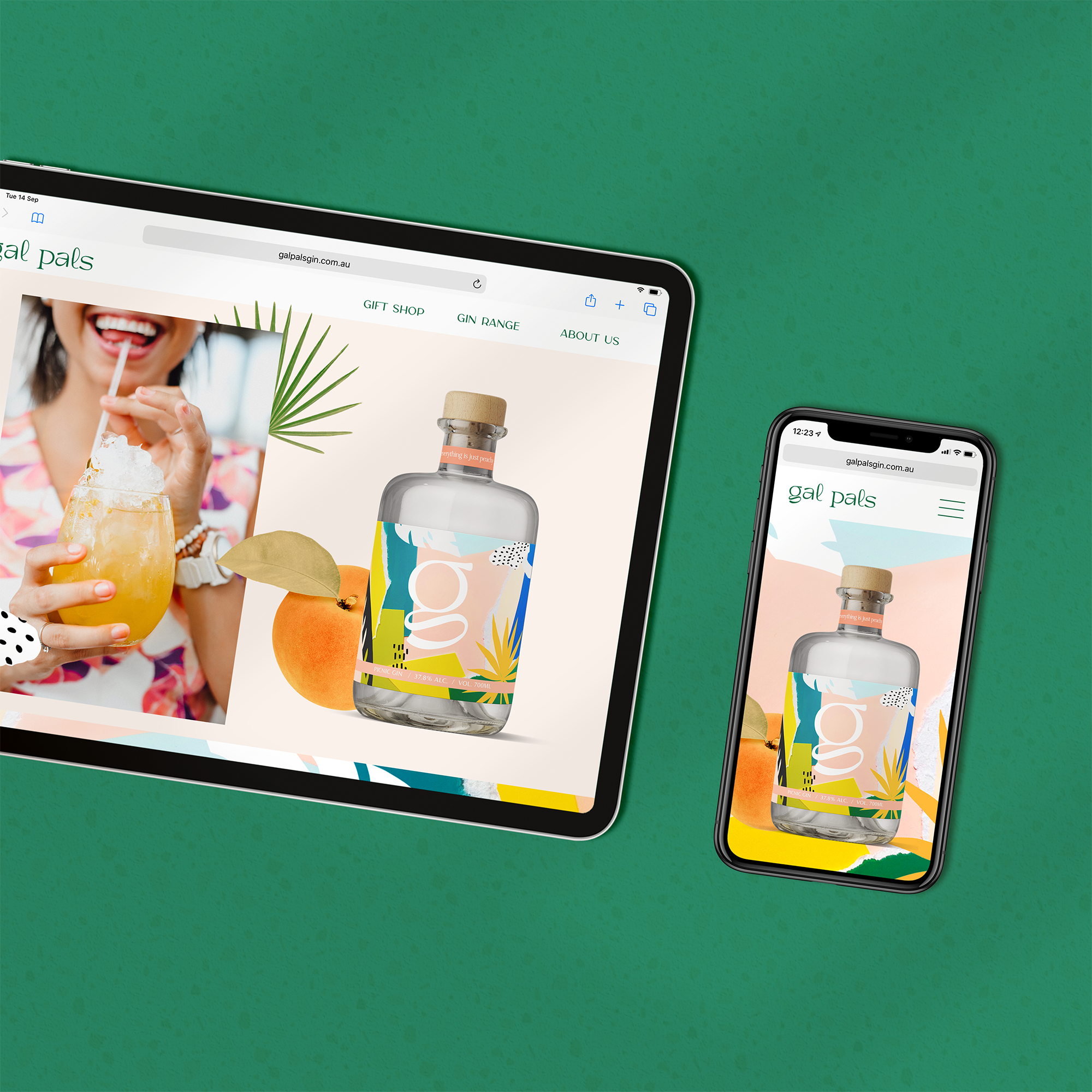 Digital devices displaying a website for gal pals with images of a woman drinking a cocktail, a bottle of gin, and fruit, set against a green textured background.