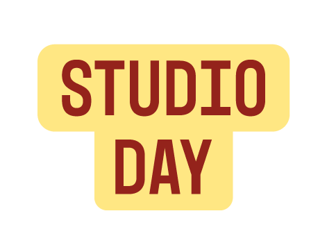 Text graphic with the words 'STUDIO DAY' on a beige background with red letters.