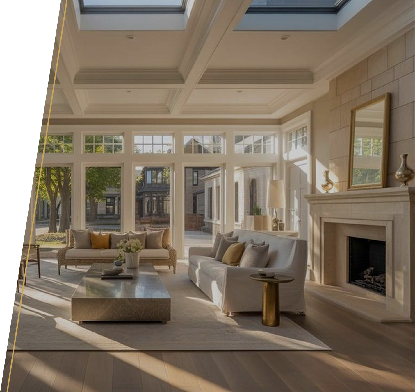 A spacious living room with large windows allowing natural sunlight, modern white sofas with cushions, a marble coffee table with a flower arrangement, a fireplace with decorative vases and a framed mirror.