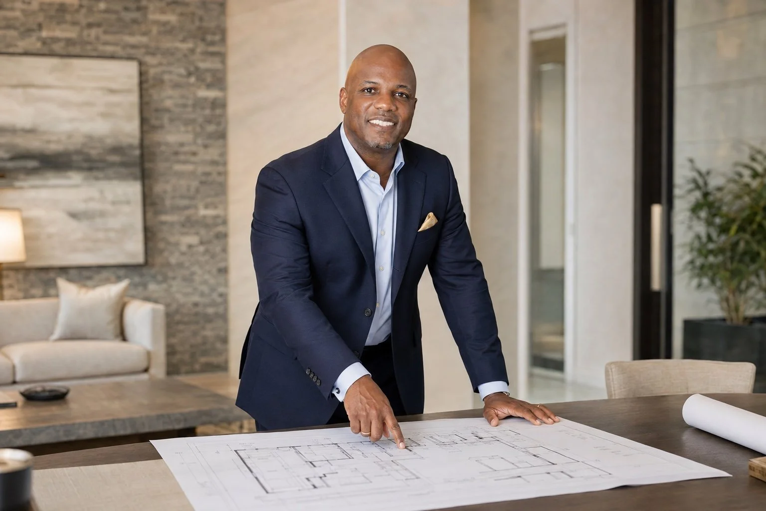 R. Lee Tate reviewing a residential blueprint in a refined interior.