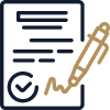 Illustration of a clipboard with a checklist and a pen signing or marking it.