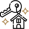 Black background with two gold star-shaped sparkles, house and keys.