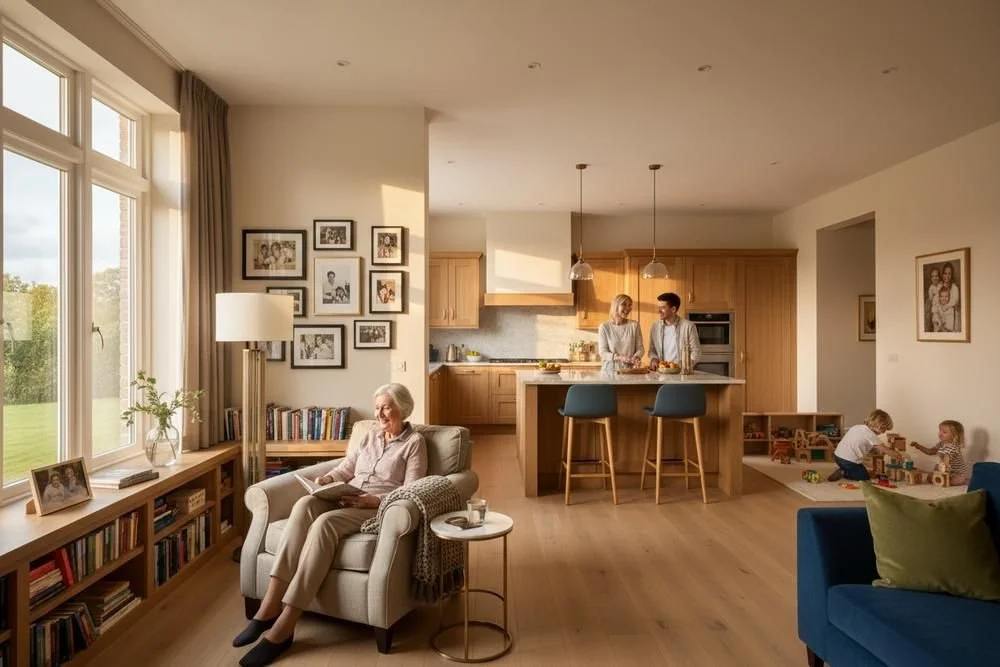 Living room with elderly woman sitting in armchair, reading a book, and a family in the kitchen with two children playing in a play area.