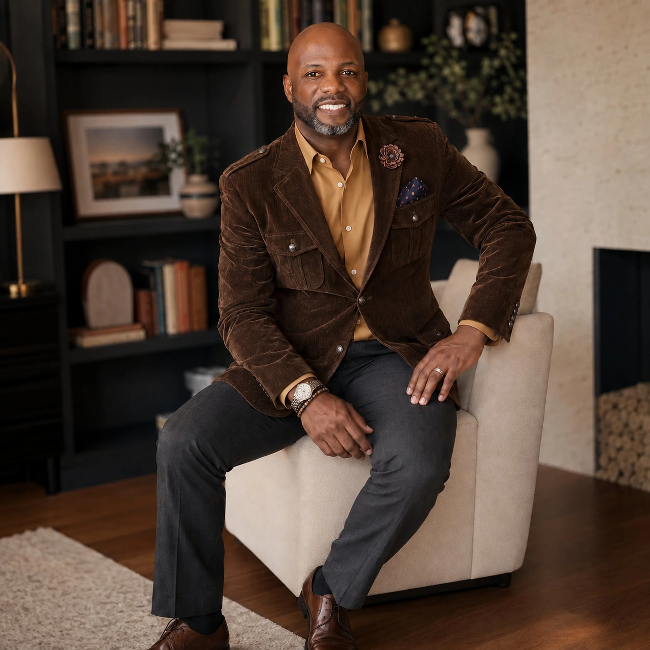 A smiling man with a shaved head and gray beard wearing a brown blazer with a floral lapel pin, a beige shirt, dark gray pants, and brown dress shoes, sitting on a beige armchair in a living room. Behind him is a black bookshelf with books, decorative objects, and framed pictures. A table lamp and an indoor plant are also visible.