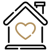 A black outline of a house with a small heart inside it.
