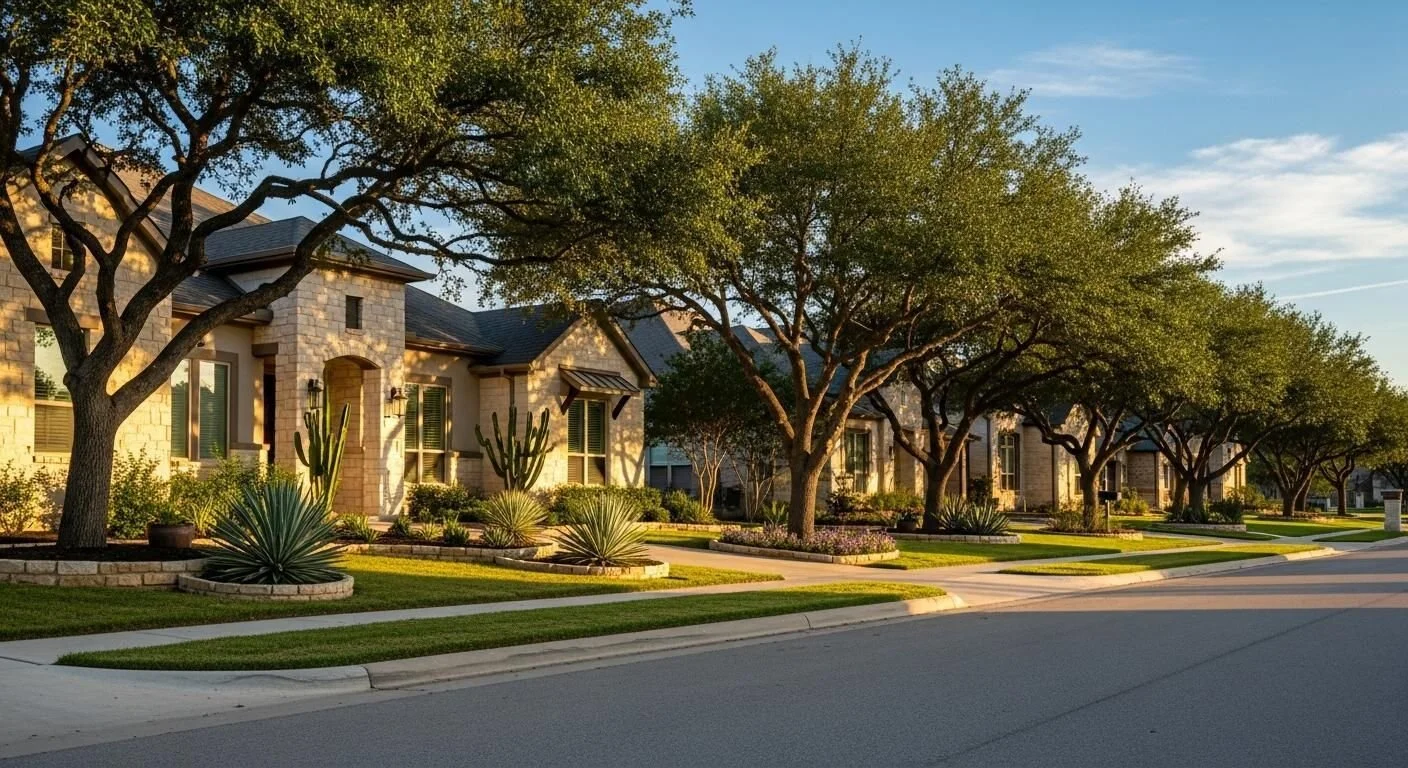 A row of single-family houses with landscaping including trees, cacti, and shrubs, along a quiet suburban street in the late afternoon.