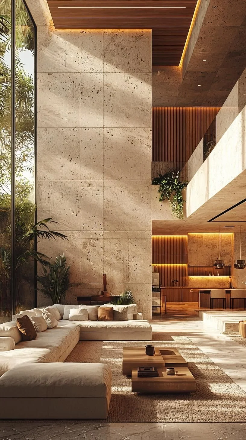 A spacious, modern living room with high ceilings, large windows, a cream sectional sofa with pillows, wooden tables, a textured wall, and plants, illuminated by natural sunlight and warm recessed lighting.