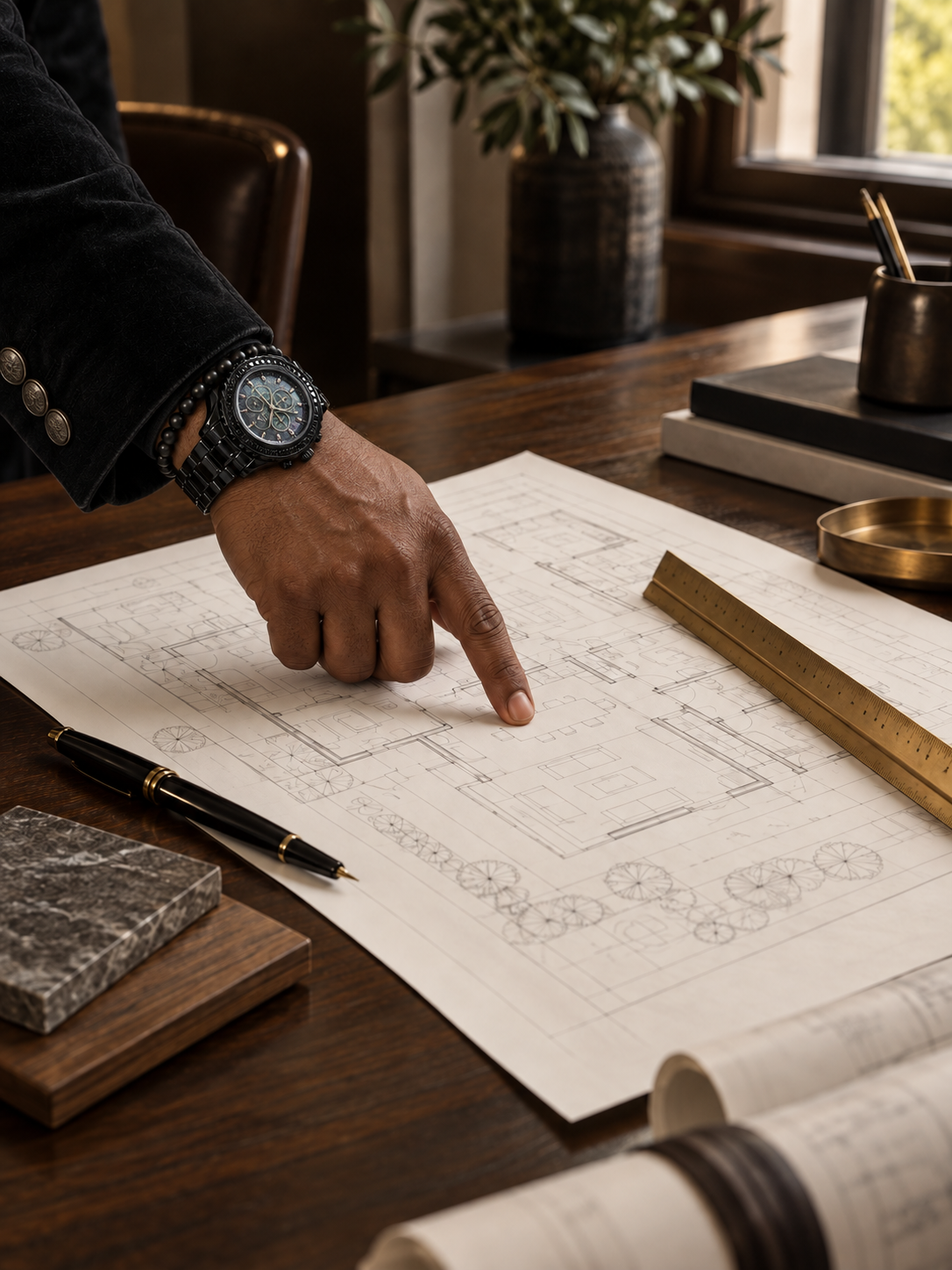 A person pointing to an architectural blueprint on a wooden table, with a black pen, a ruler, and other design materials nearby.