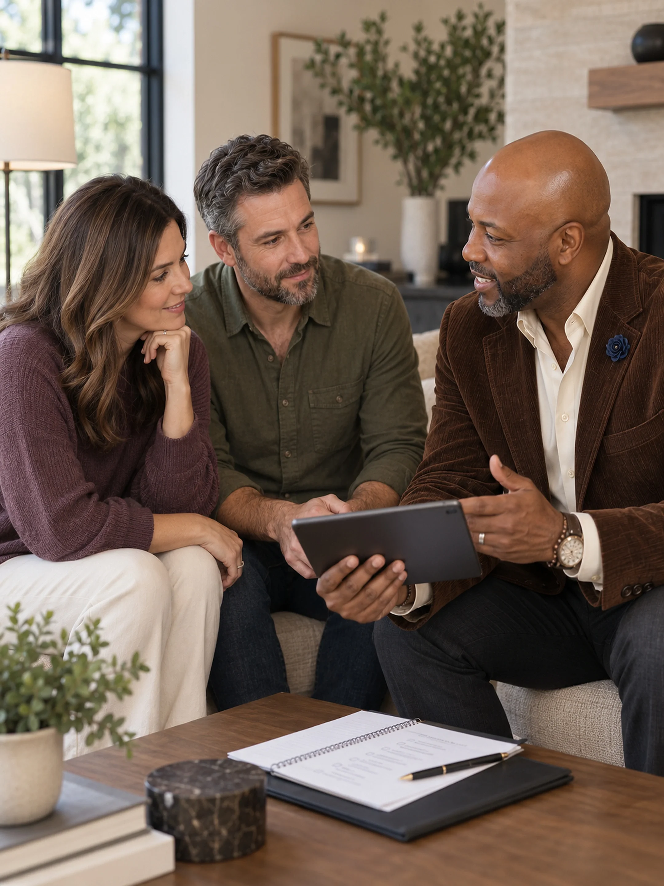Three adults sitting on a couch engaged in a conversation, with a coffee table displaying a notebook, pen, and decorative objects in a cozy, modern living room.
