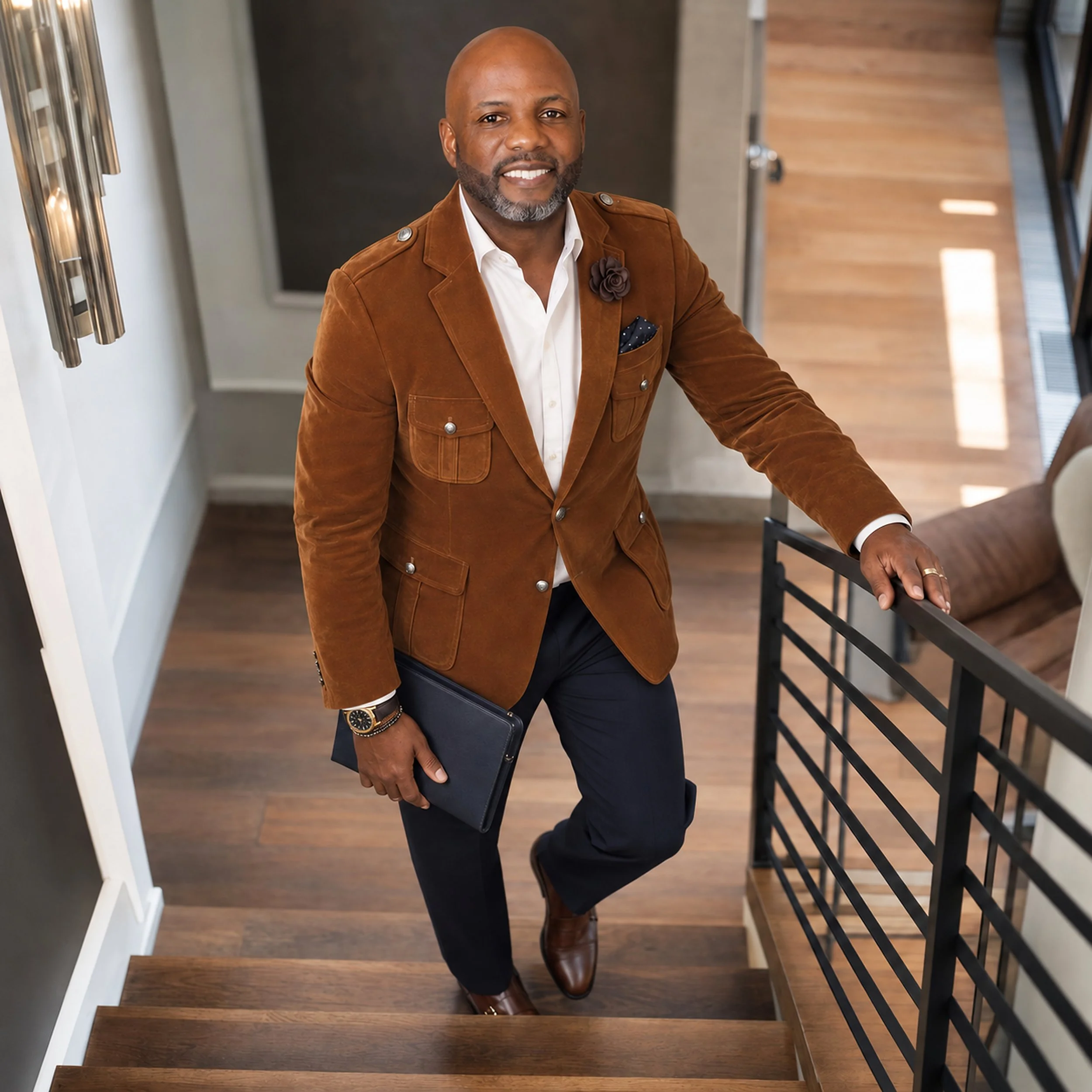 A man walking down a staircase holding a folder and smiling, wearing a brown blazer with a flower lapel pin and a white shirt.