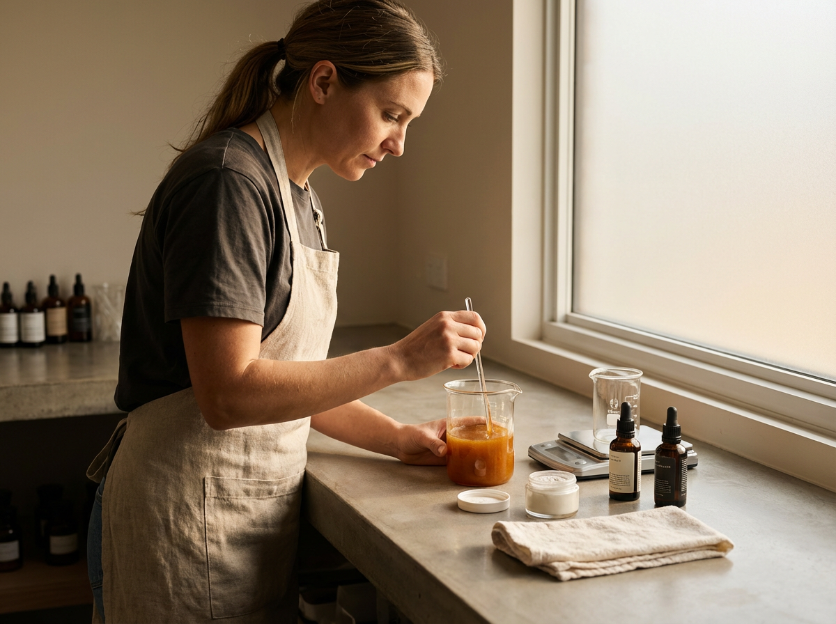 A woman in a gray shirt and beige apron mixing a liquid in a beaker in a laboratory or apothecary setting near a window.