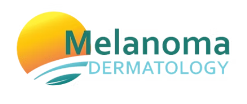 Melanoma Dermatology logo with a stylized sun and ocean wave design.