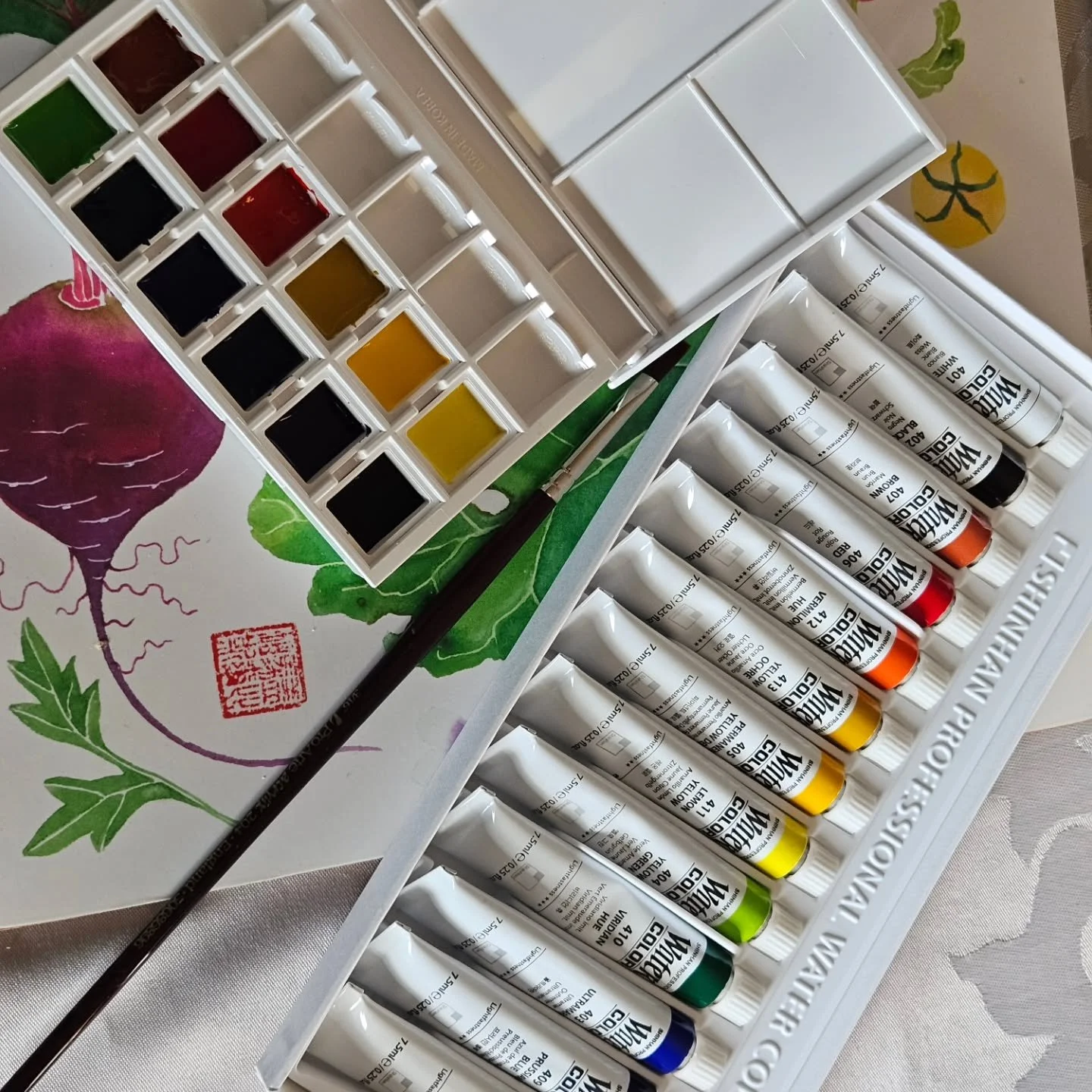 I bought some new paints while we were on holiday recently - excited to try them out on some new projects! 

These are ShinHan watercolours, which were a decent price being a Korean brand I picked up in Korea. Got a half-pan palette for them too and 