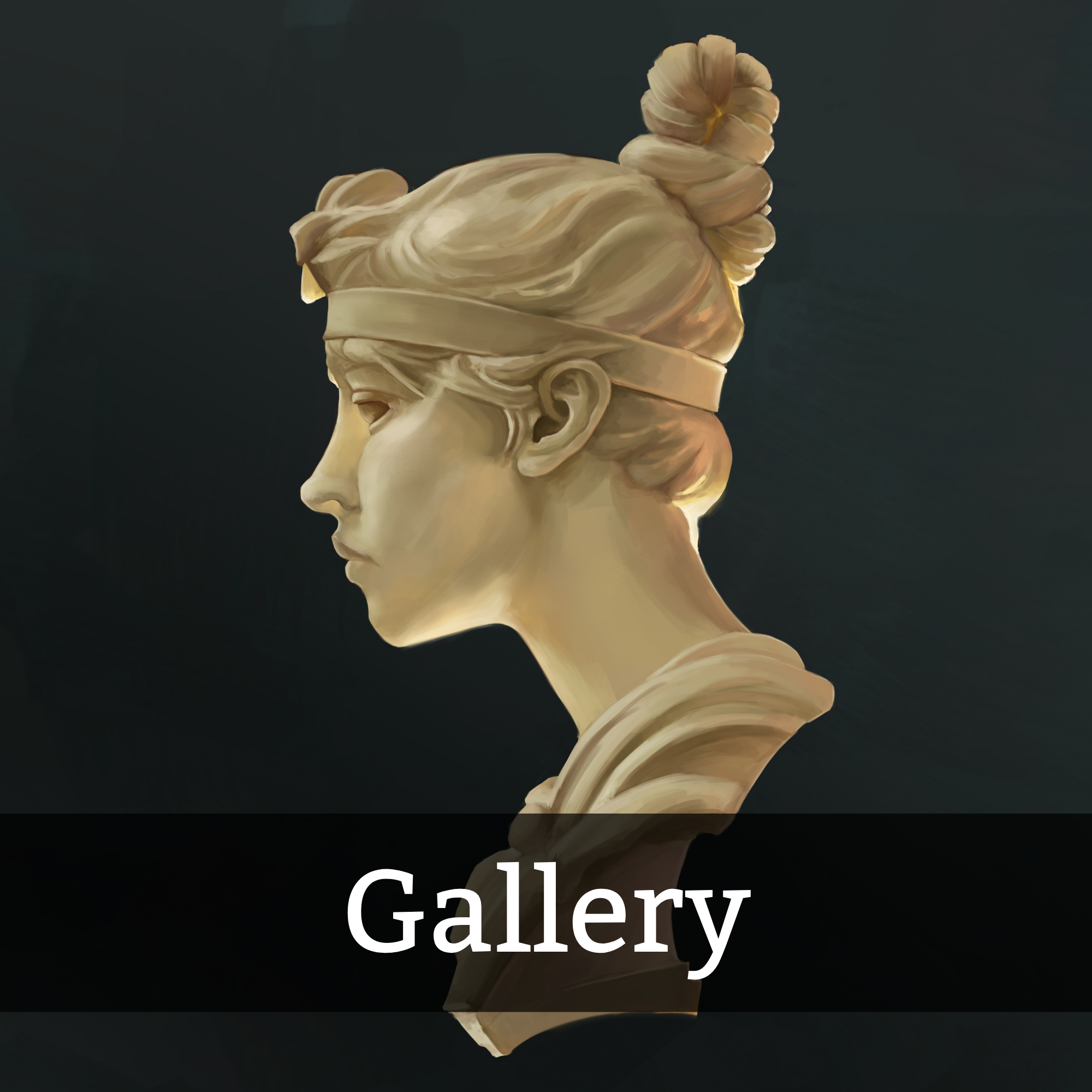 Close-up of a classical-style sculpture of a woman's head and shoulders with the words 'Gallery' overlaid.