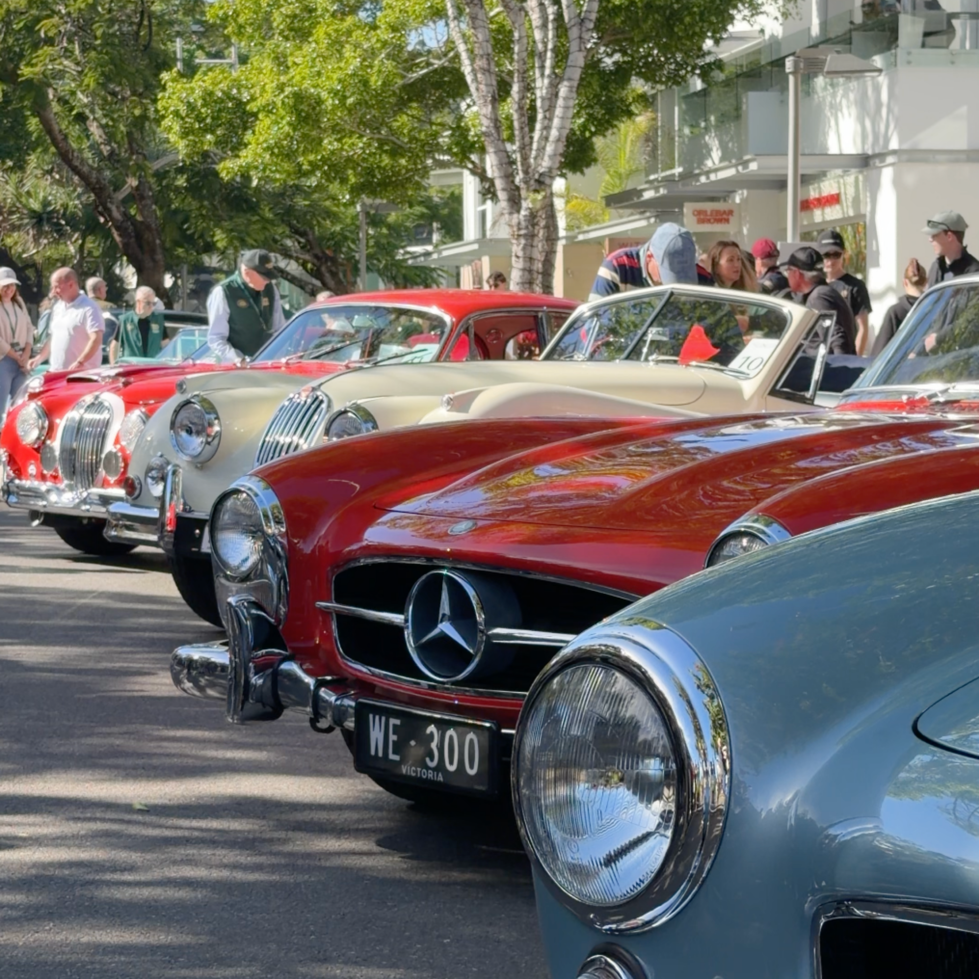 Multiple vintage cars parked at an outdoor classic car show with spectators walking around and admiring the vehicles. There are green trees and a building in the background.