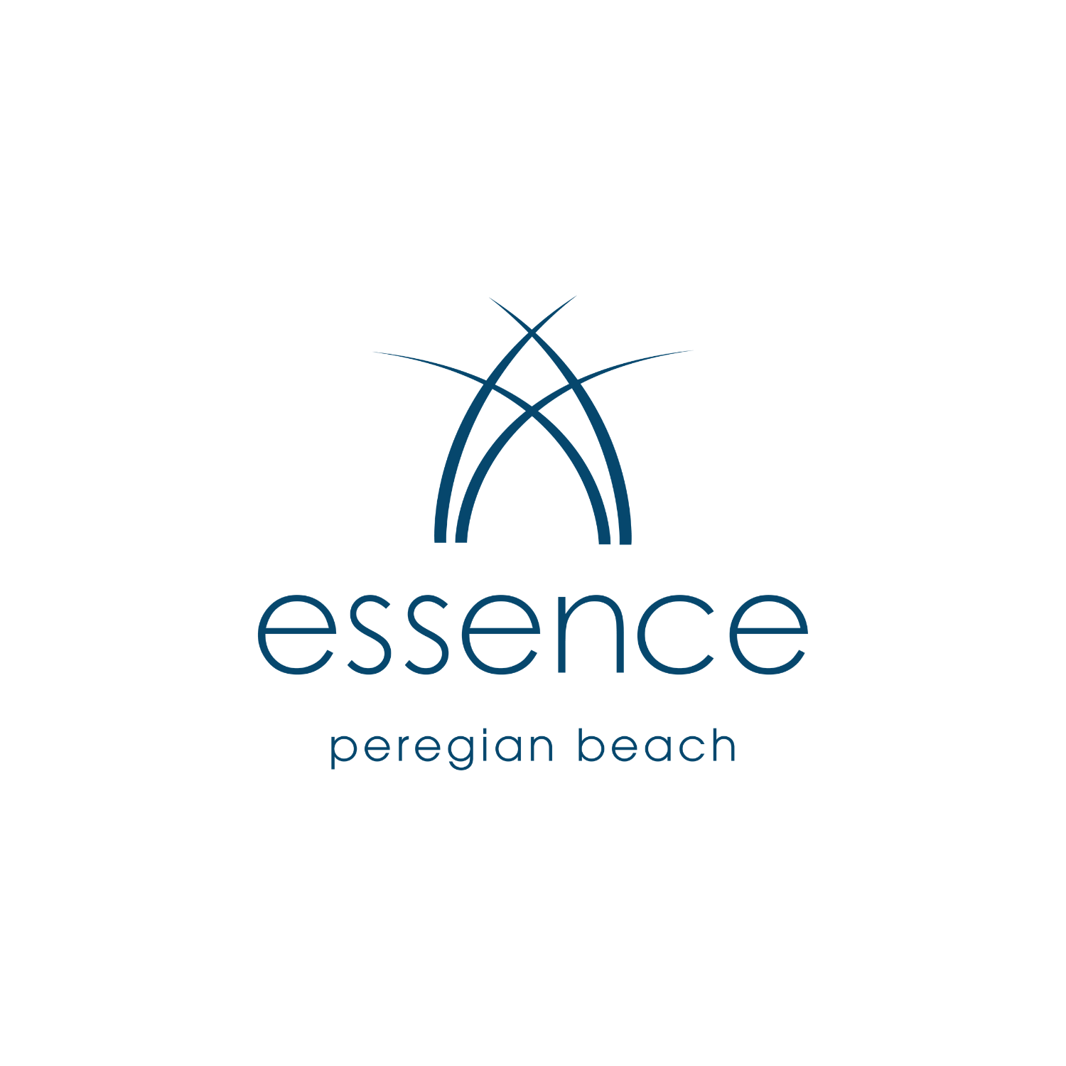 Logo for Essence Peregian Beach featuring a stylized wave design in shades of blue and the words "essence" and "peregian beach" below in lowercase blue font.