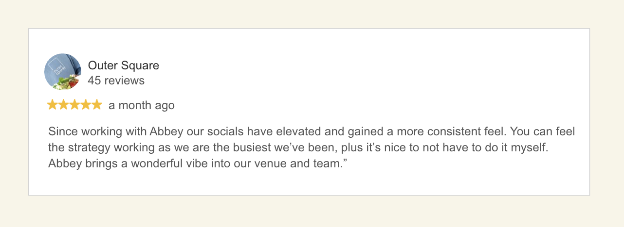 Customer review of Outer Square showing five stars, with comments about improving social media strategy and venue atmosphere.
