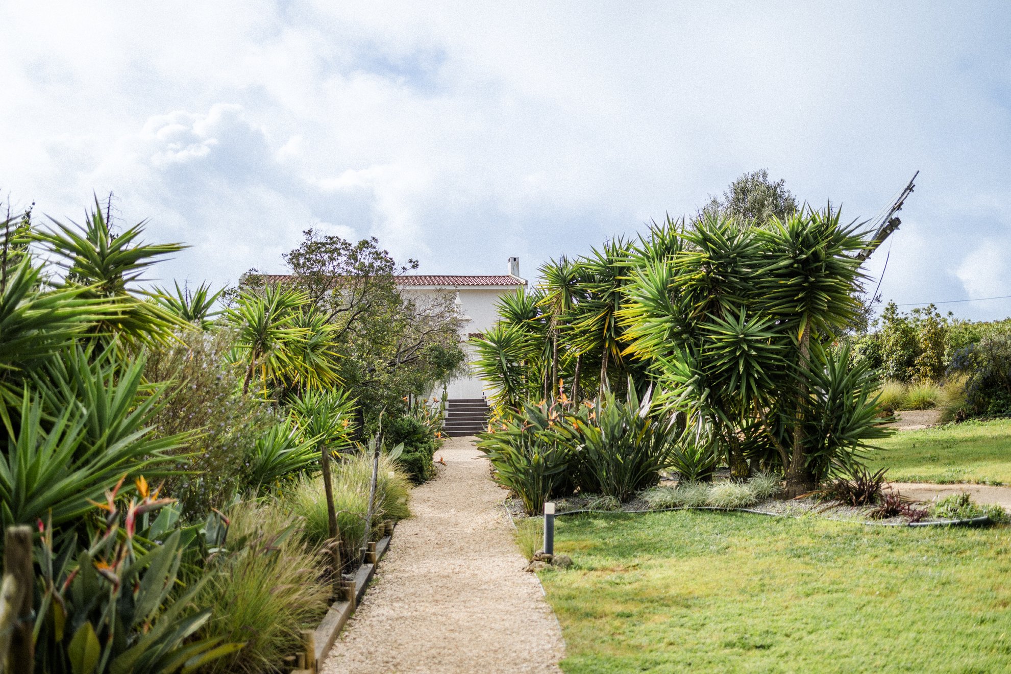 Garten mit Wegen, Sträuchern und einem weißen Haus im Hintergrund, Himmel mit Wolken.