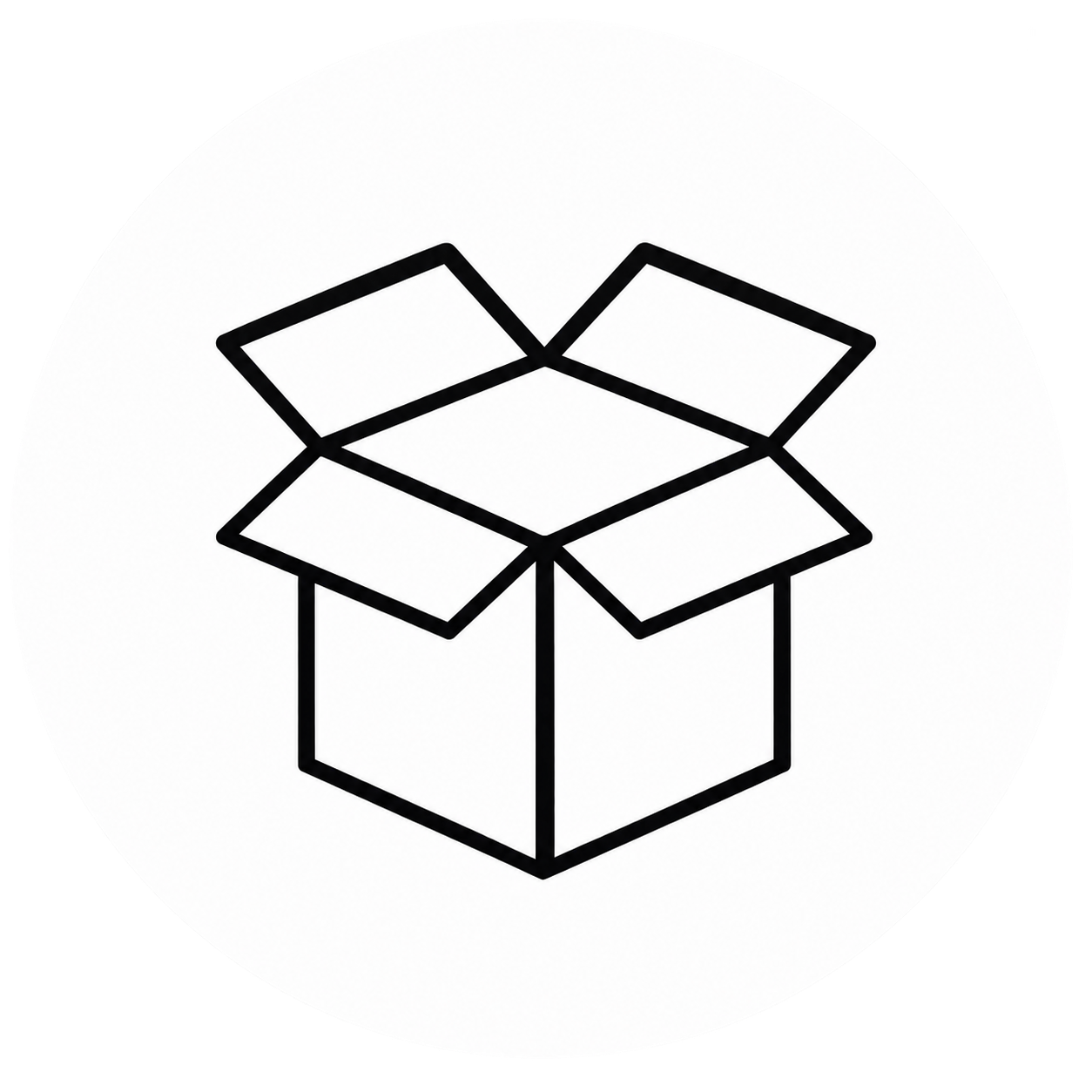 Outline drawing of an open cardboard box with flaps raised, depicted in black lines on a white background.