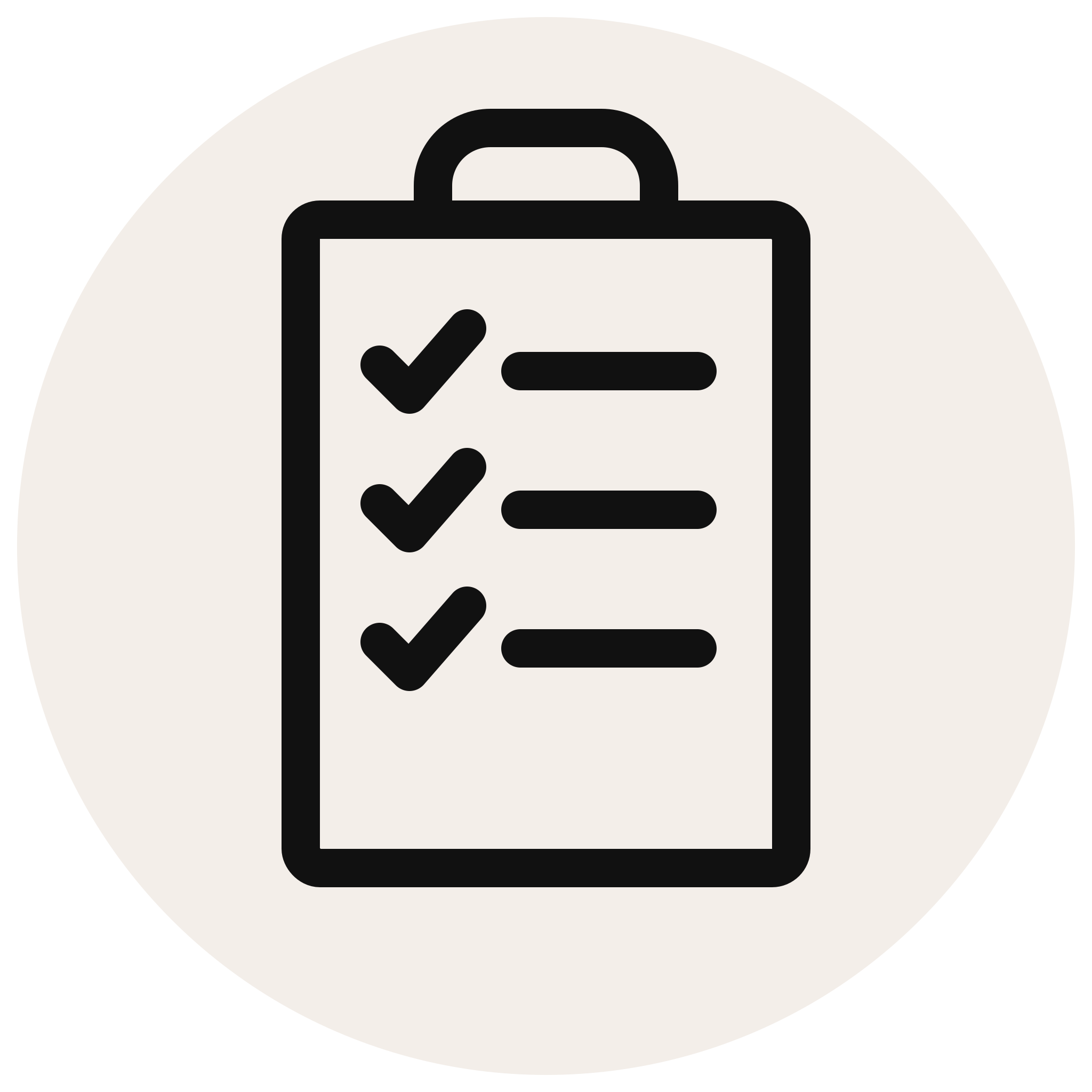 Black and white icon of a suitcase with checkmark inside it, on a white circular background.