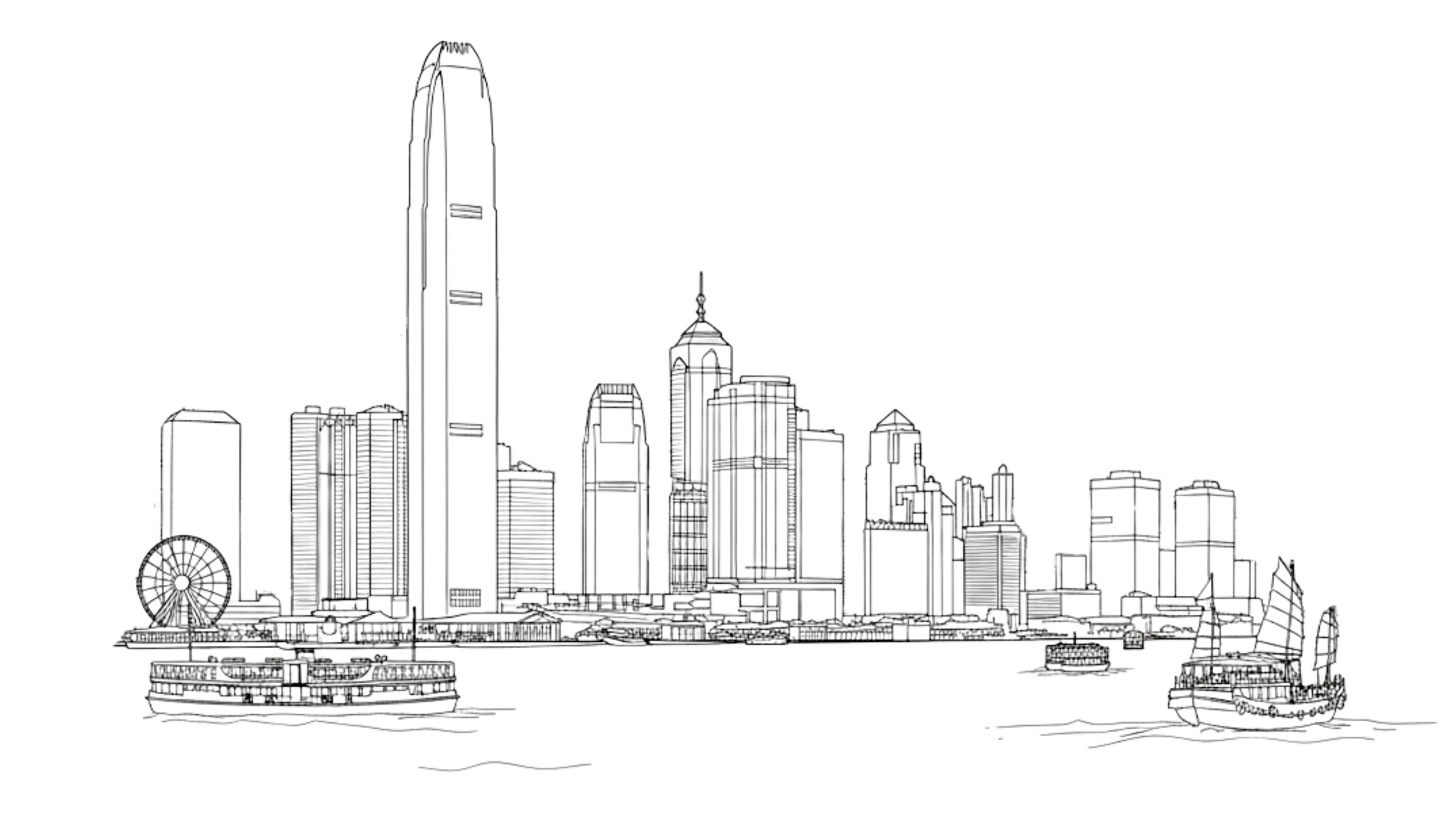 Line drawing of a city skyline featuring tall buildings, a dome, a Ferris wheel, and multiple smaller buildings, all depicted with detailed black and white outlines.
