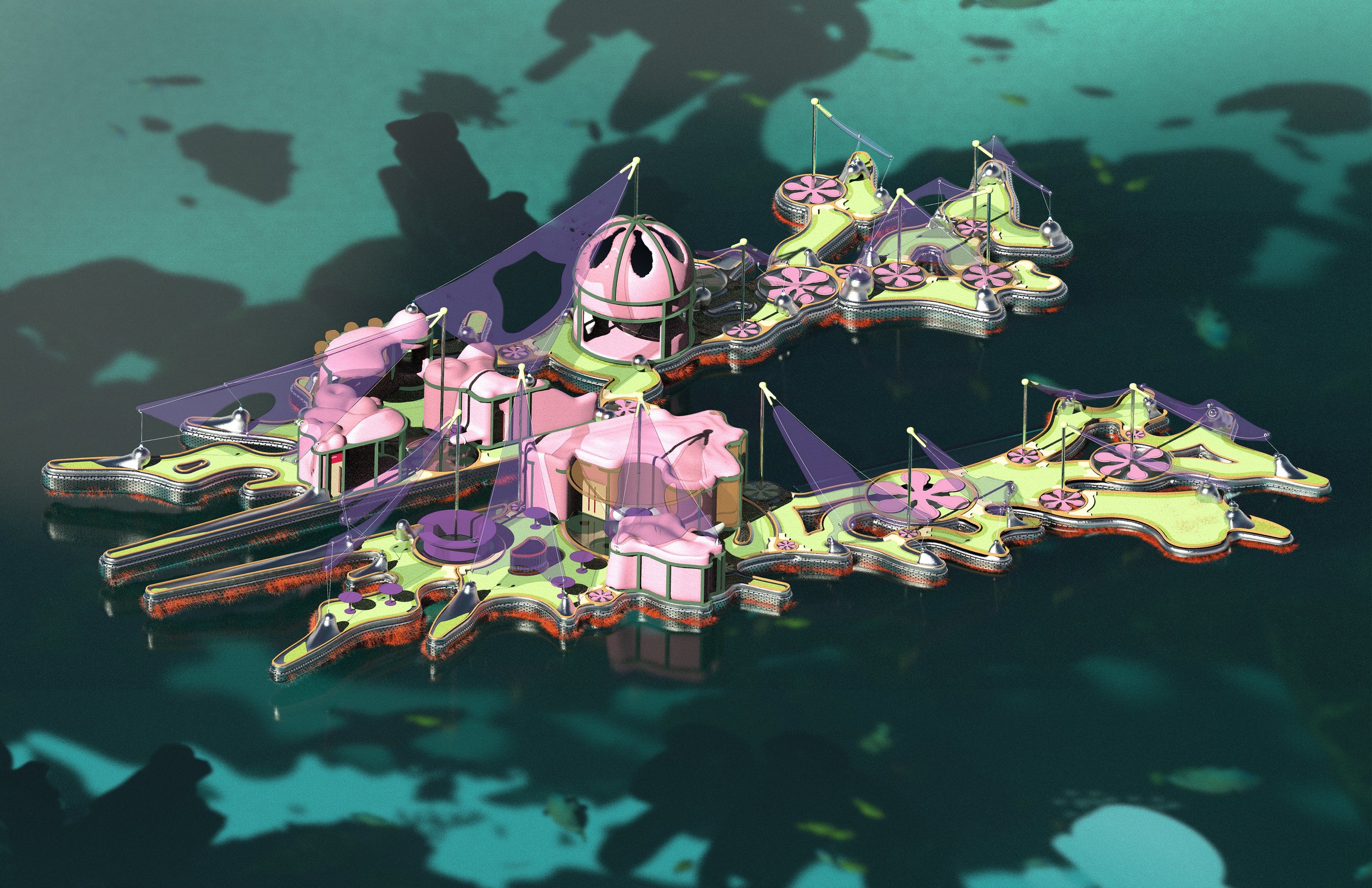 A colorful floating amusement park shaped like a flower and butterfly, with pink, purple, and green structures, on a body of water with shadows cast on the water surface.