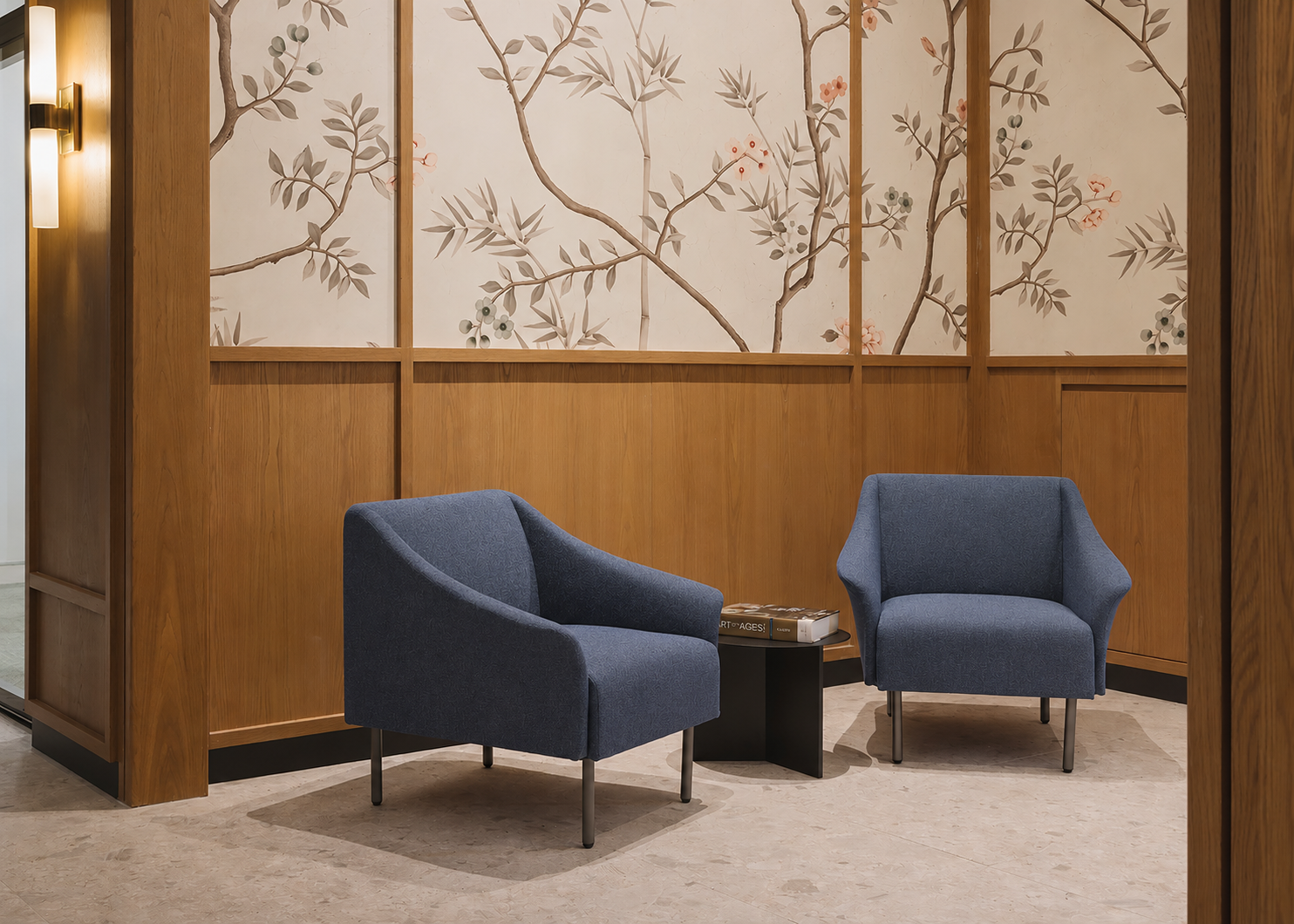 Breakout lounge with timber panelling and botanical wall panels, luxury workspace, Singapore, interior design by Rockett Studio