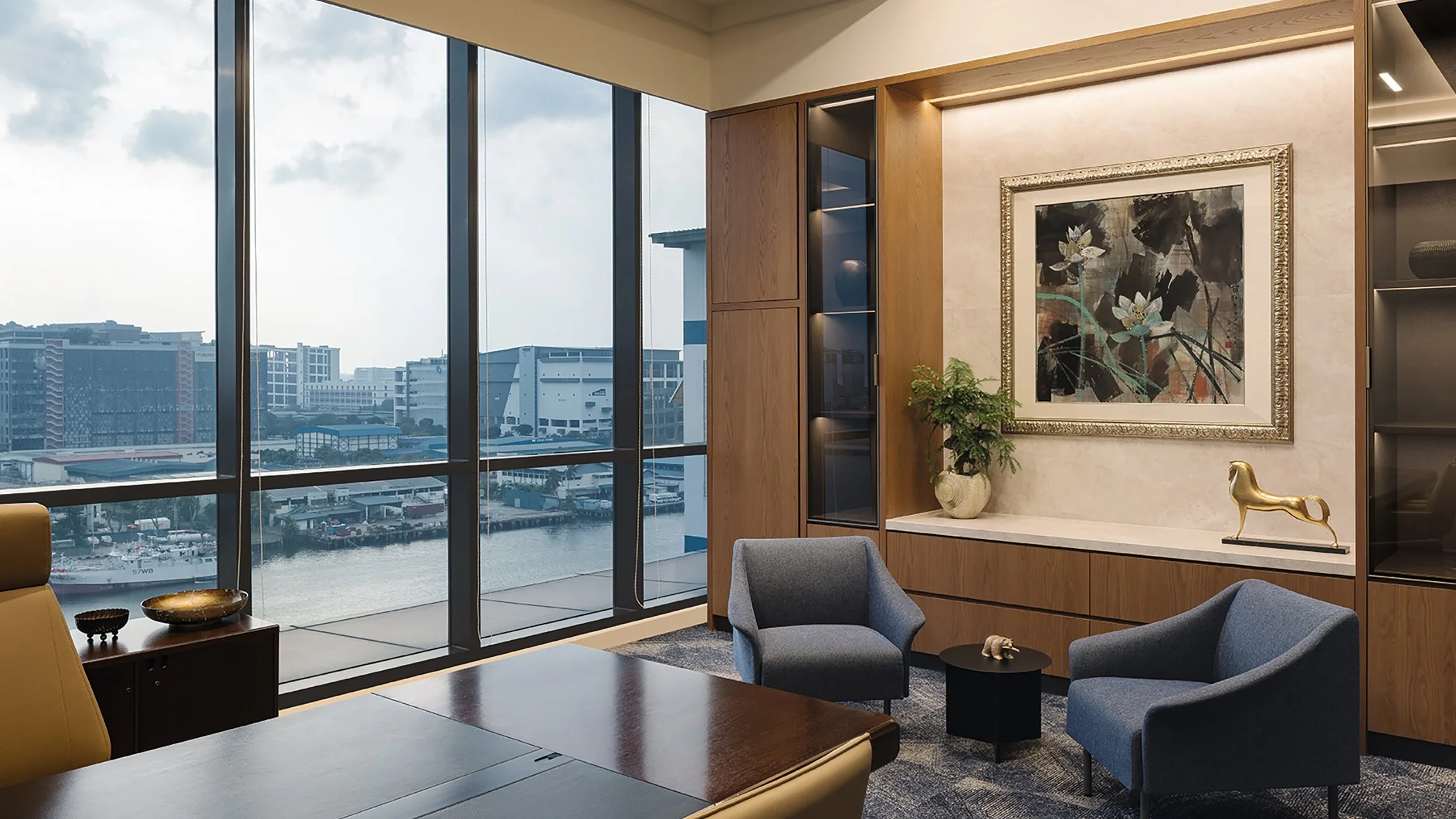 Director's office with timber joinery and views over the water, luxury workspace, Singapore, interior design by Rockett Studio