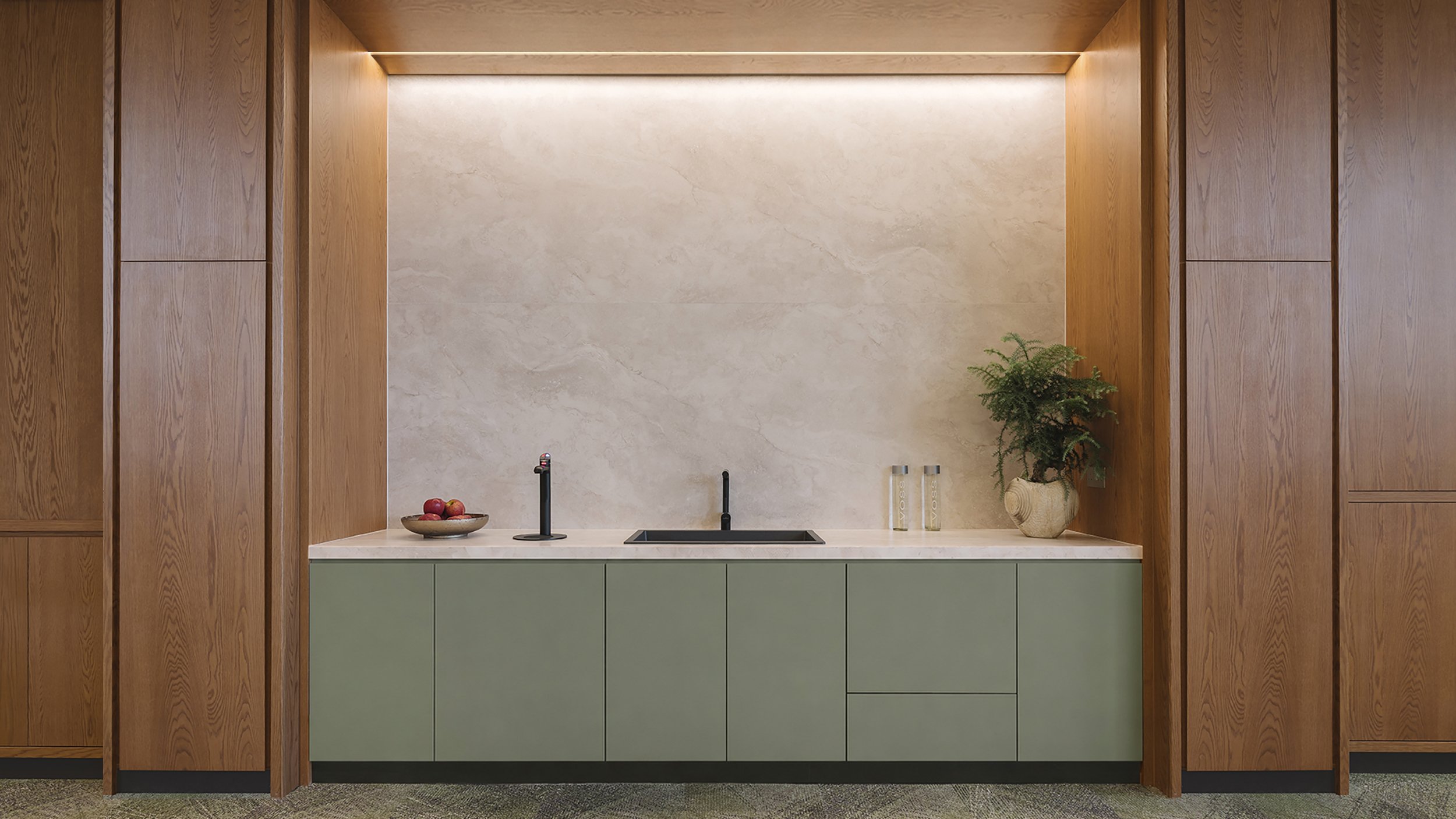 Staff pantry with timber-panelled walls and stone splashback, luxury workspace, Singapore, interior design by Rockett Studio